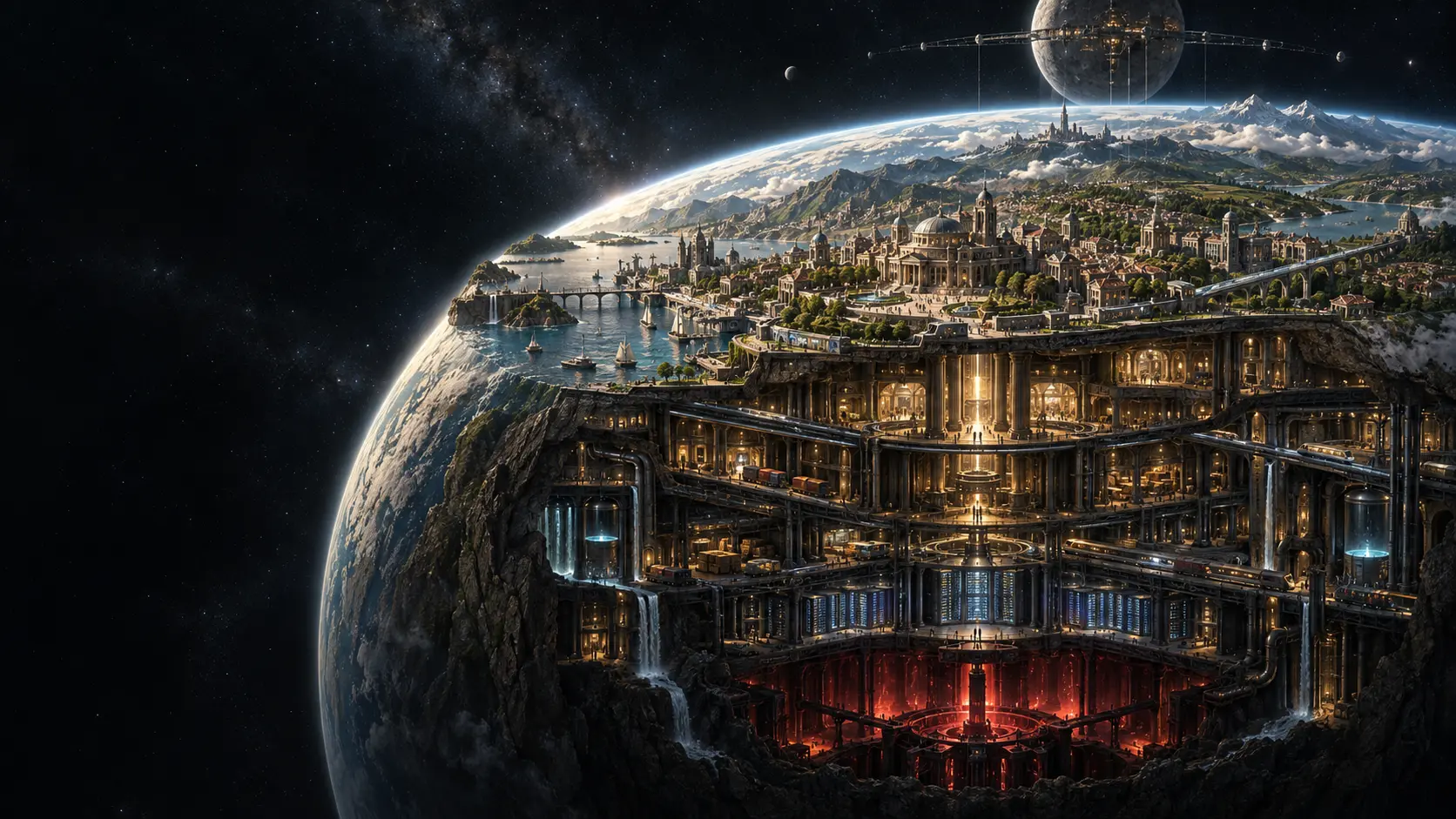 Symbolic visualization of an inhabited surface civilization above concealed planetary infrastructure.