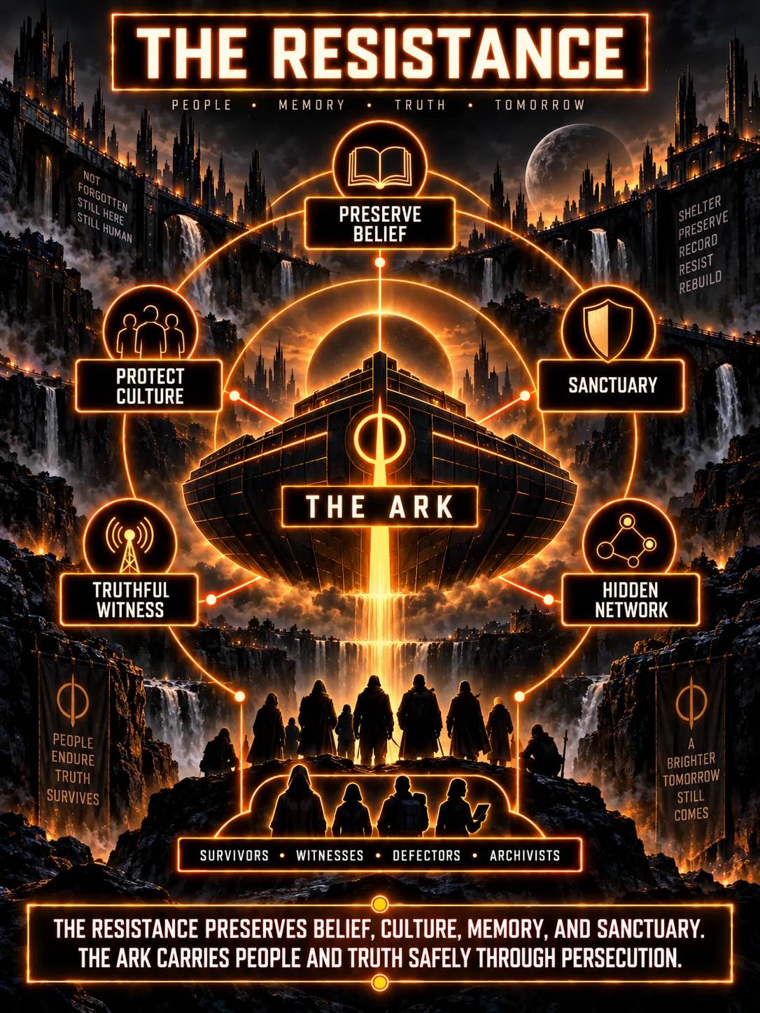 Black-and-orange Resistance infographic centered on an ark preserving people, belief, culture, memory, testimony, and sanctuary through persecution.