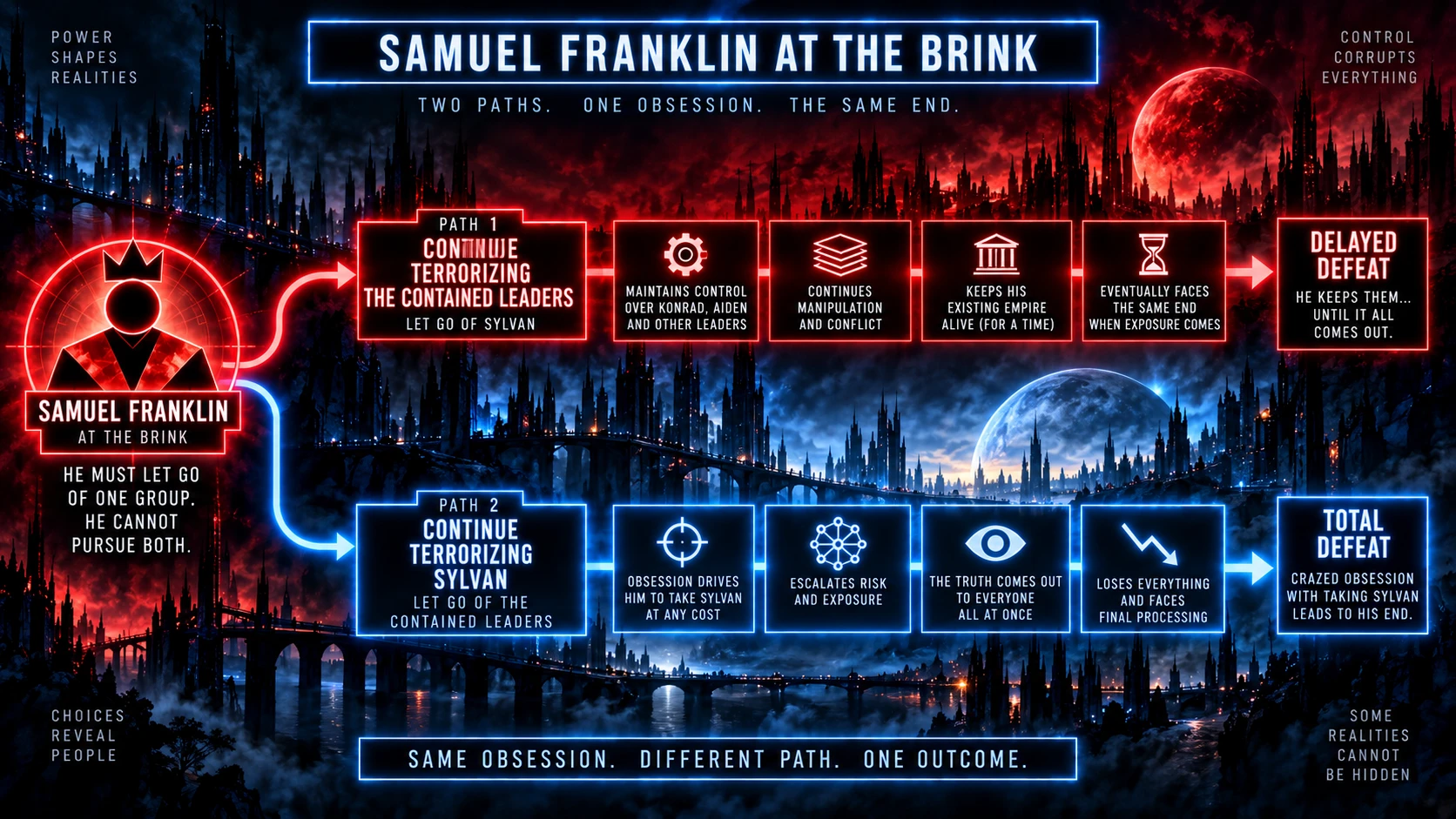 Horizontal decision diagram showing Samuel Franklin choosing between continuing to terrorize the contained leaders or continuing to terrorize Sylvan, with both paths ending in defeat.