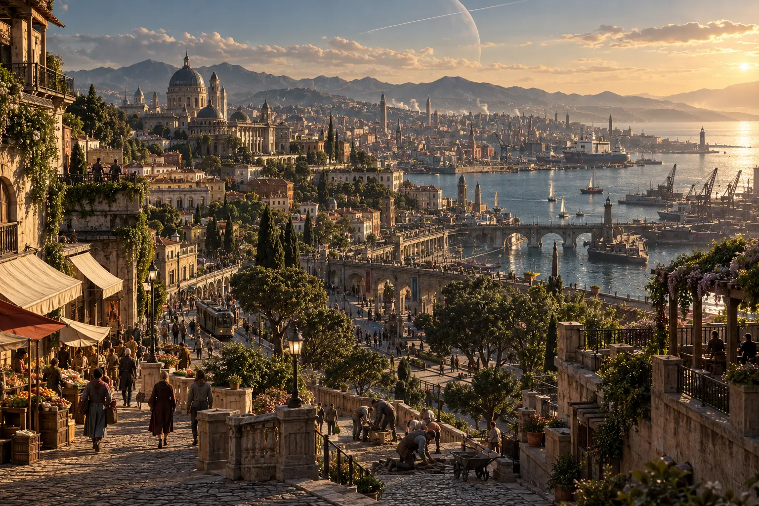 Interpretive editorial view of a lived-in coastal civilization on the colonization planet.